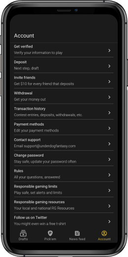 Underdog Account Details screen shot